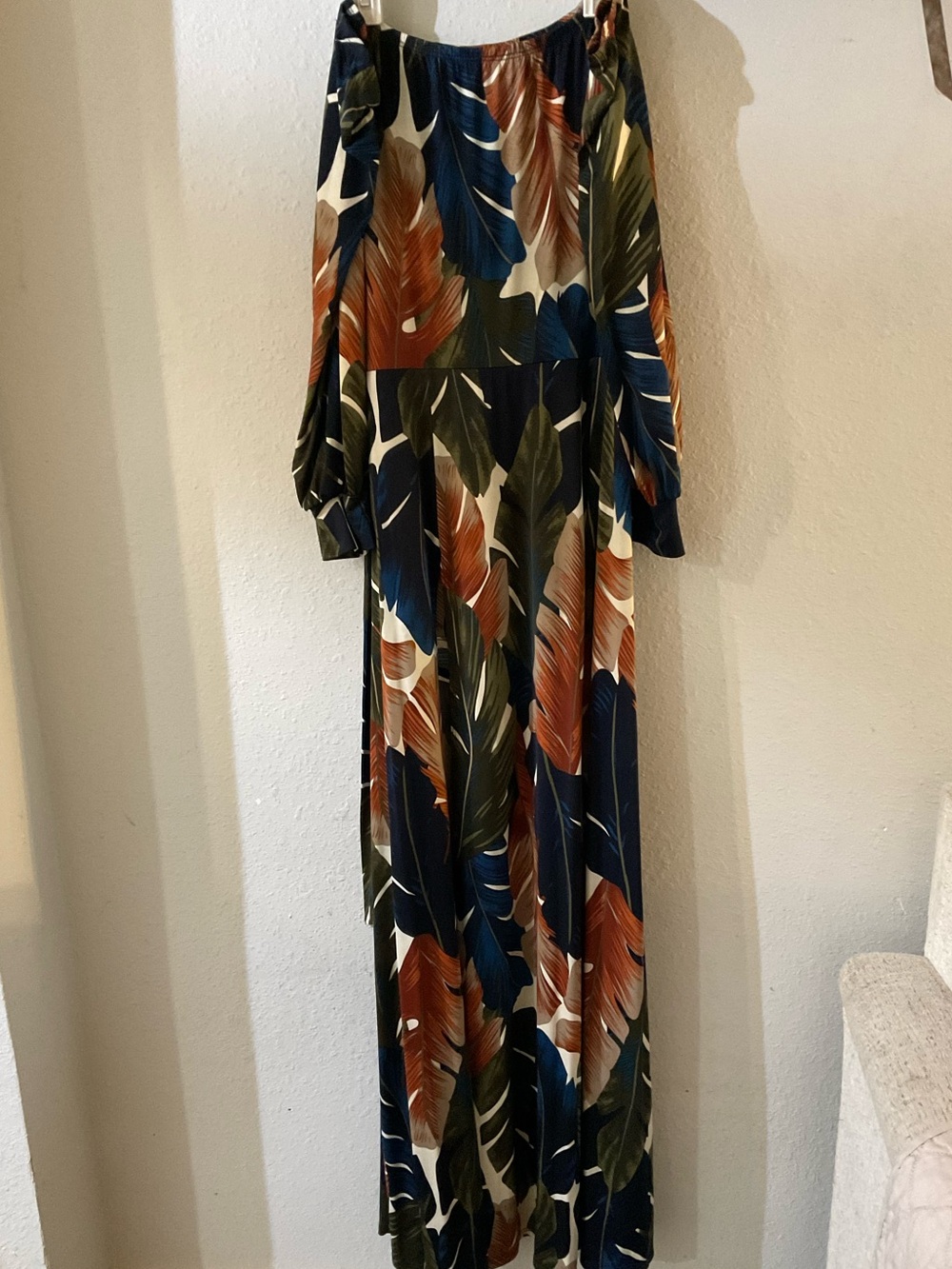 Fashion Nova Off-Shoulder Maxi Dress in Navy, Olive & Rust